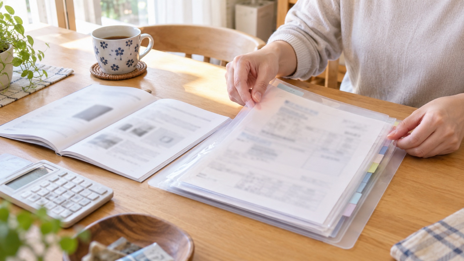 ダイニングテーブルで保証書のファイルを整理する手元