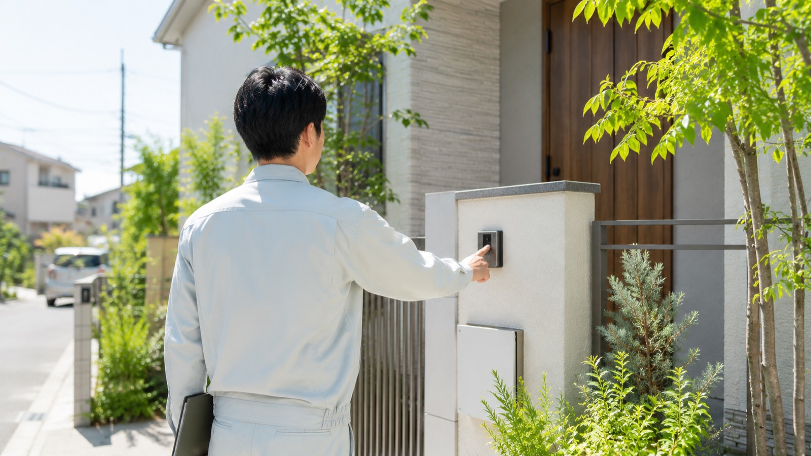 住宅の玄関先でインターホンを押す作業服の訪問営業の後ろ姿