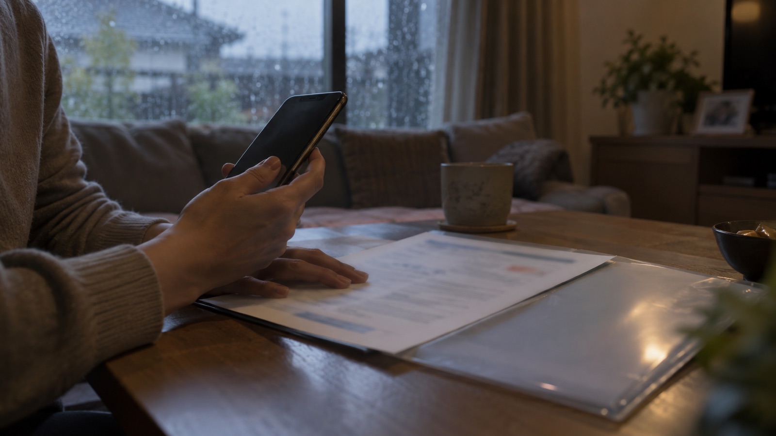 雨の日に保険の書類を前に、スマートフォンで問い合わせようとしている手元
