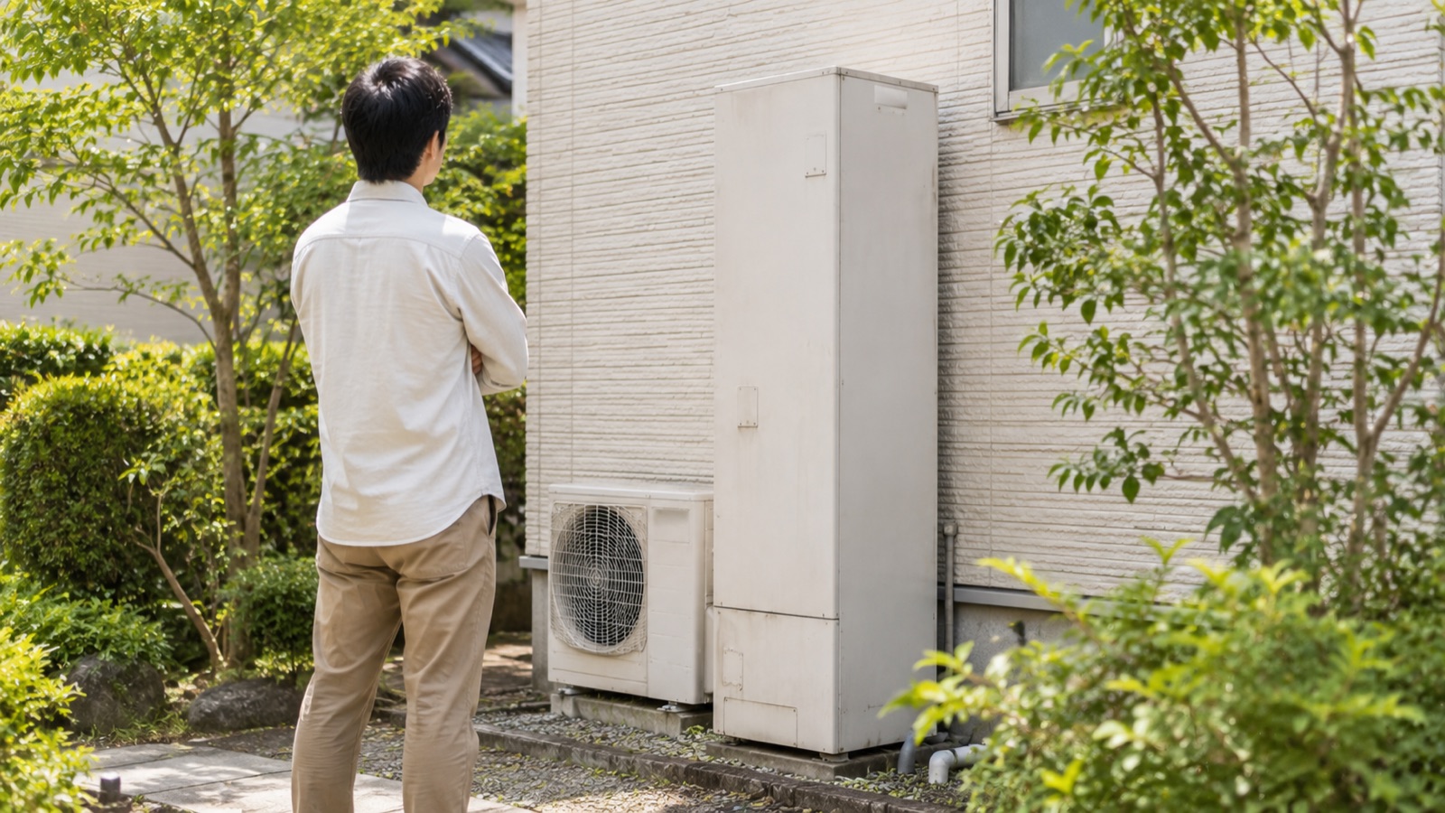 住宅の庭先でエコキュートを眺めて考える人の後ろ姿