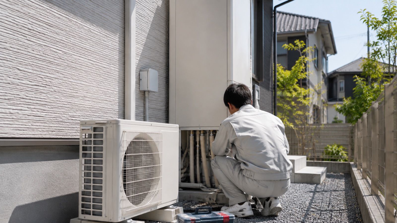 住宅の外に設置されたエコキュートの前で点検・作業する設備職人の後ろ姿