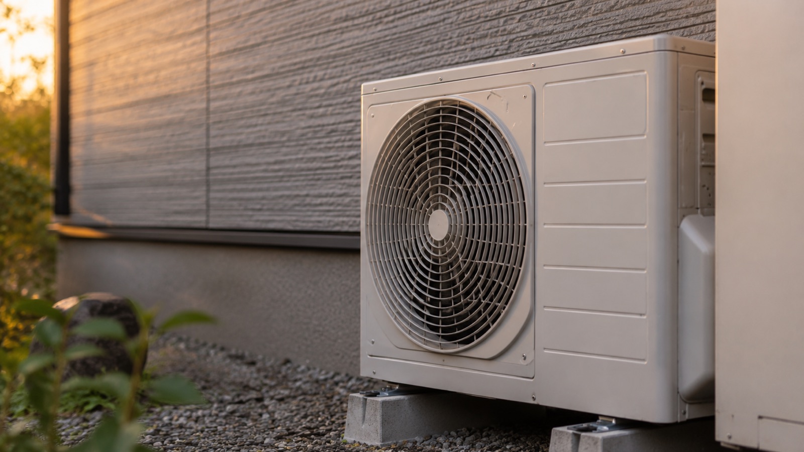 住宅の壁際に設置されたエコキュートの室外機（前面の丸いファン）のクローズアップ