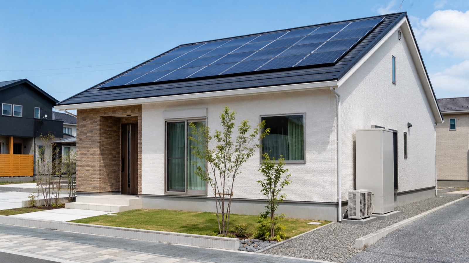 屋根に太陽光パネルを載せた一戸建てと、外壁沿いに設置されたエコキュートの貯湯タンク・室外機