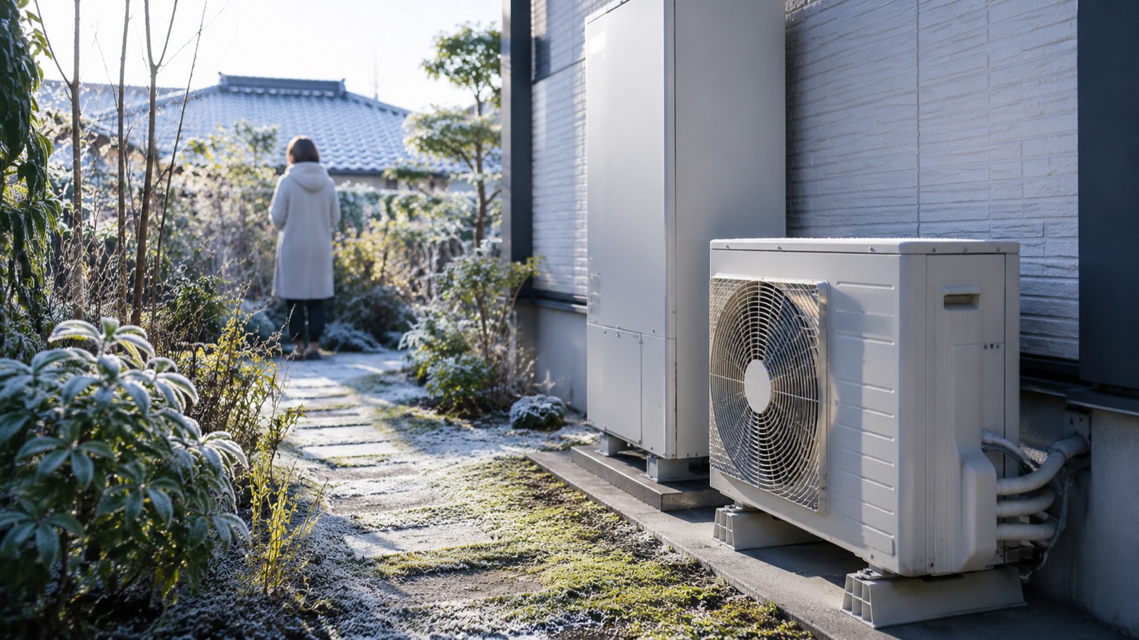 霜の降りた冬の朝の庭とエコキュートの室外機